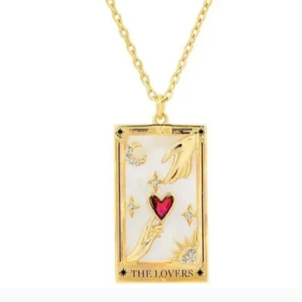 The Lovers Tarot Card Enamel Pendant Necklace With 18K Gold Plating